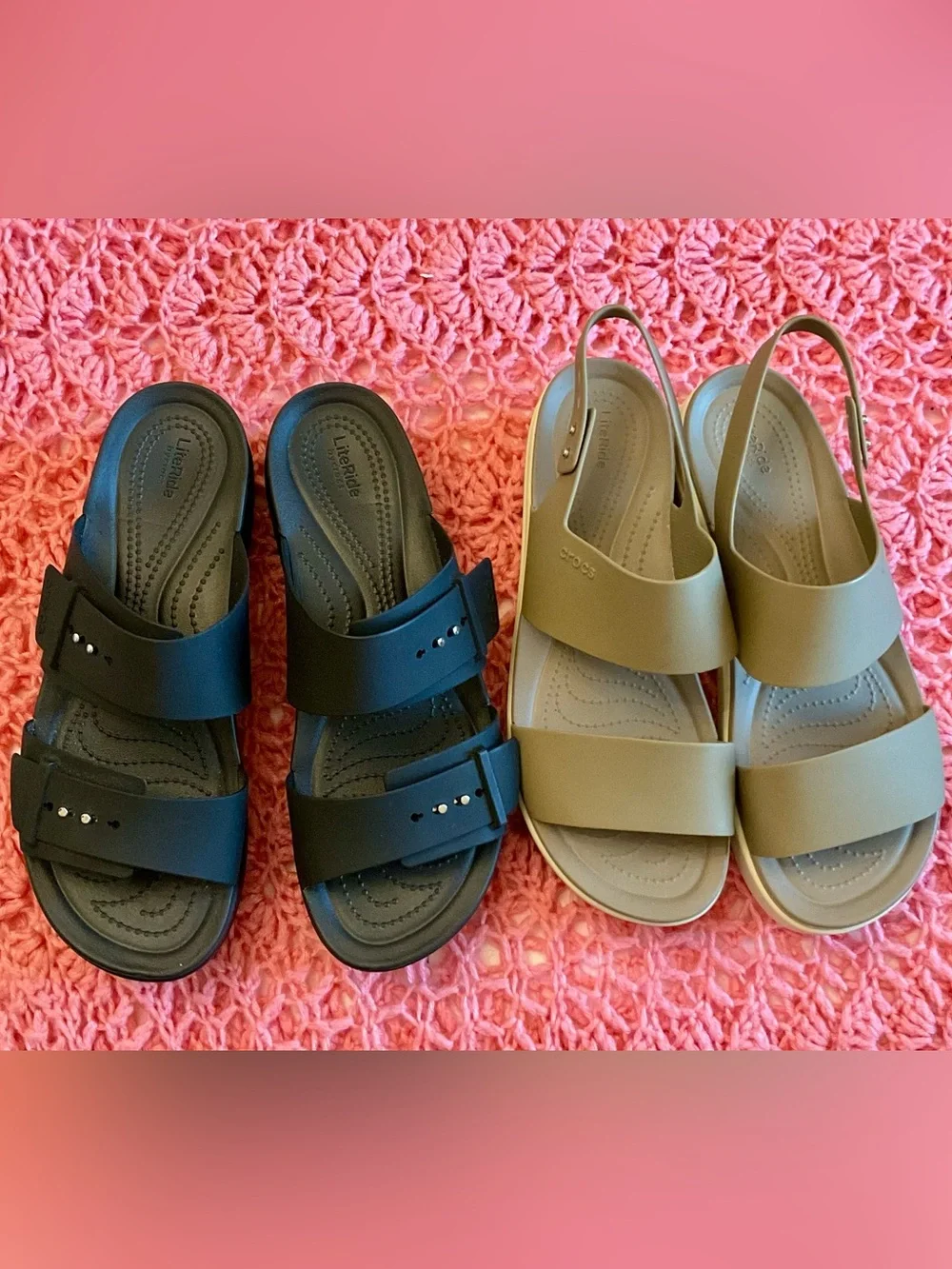 CROCS/LITE RIDE .Dual-Strap Sandals in Black and Tan 2 pairs platform. PRICEFIRM